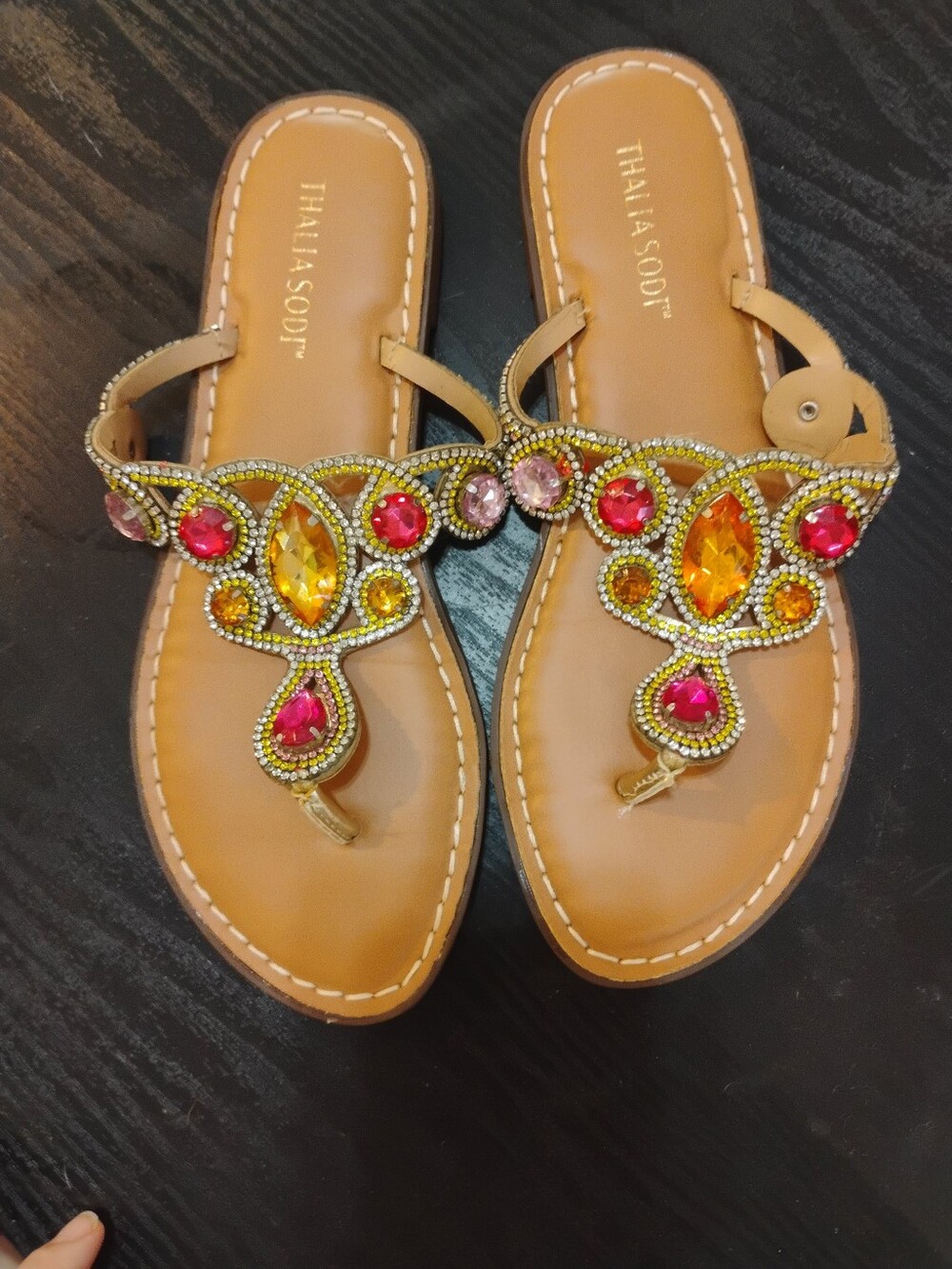Thalia Sodi Tan Sandals with Pink & Orange Gem Detailing